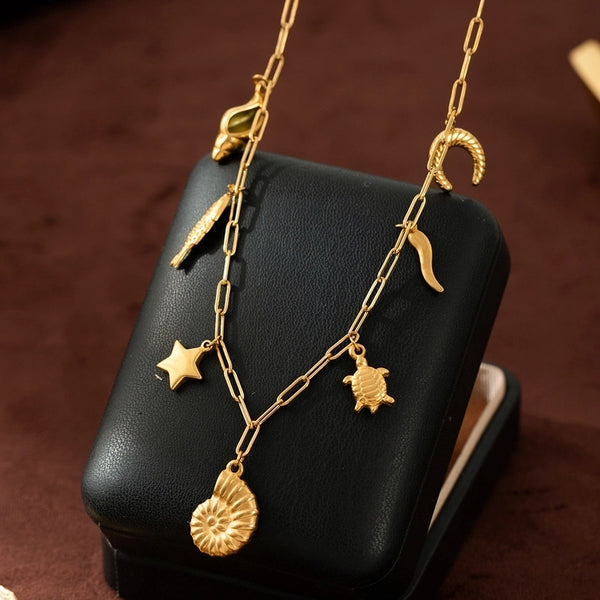 Minimalist Animal Moon Fish 201 Stainless Steel 304 Stainless Steel 18K Gold Plated Multi Charms Necklace Necklace Pendant