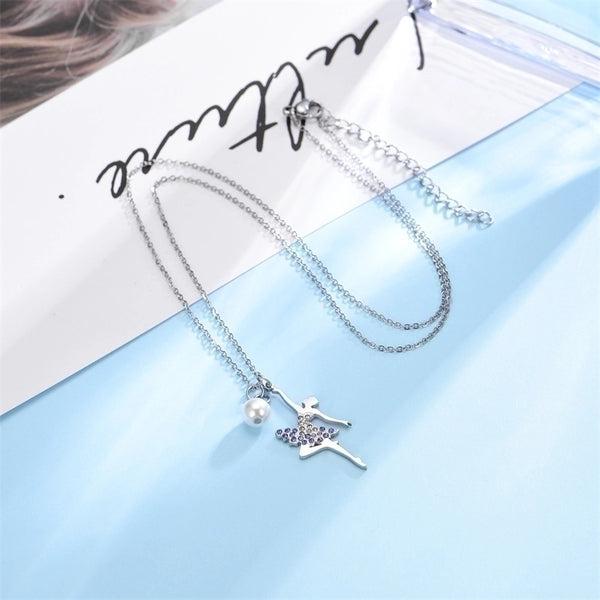 Minimalist Ballet Girl Stainless Steel Imitation Pearl Zircon Gold Plated Inlay Pendant Necklace Necklace