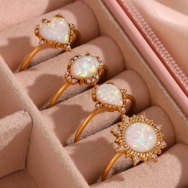 Minimalist Classic Style Sun Water Droplets Heart Shape 304 Stainless Steel Opal 18K Gold Plated Plating Inlay Open Rings