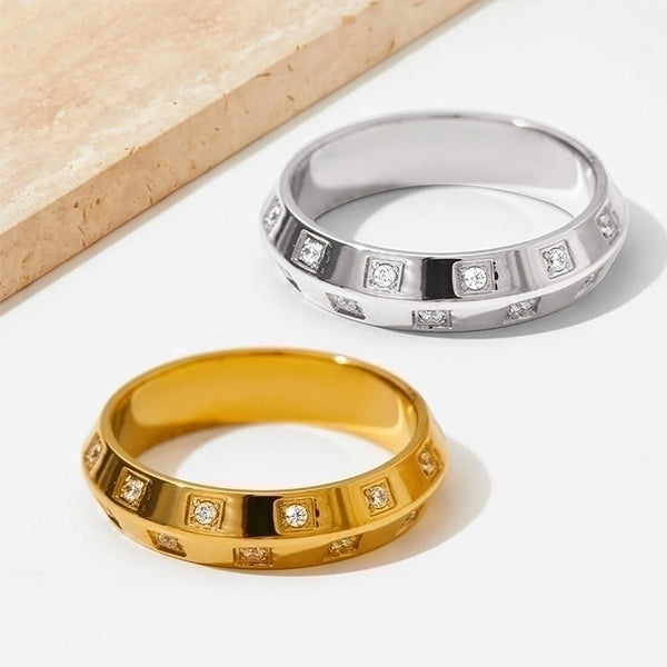 Minimalist Geometric Stainless Steel Zircon 18K Gold Plated Plating Inlay Rings