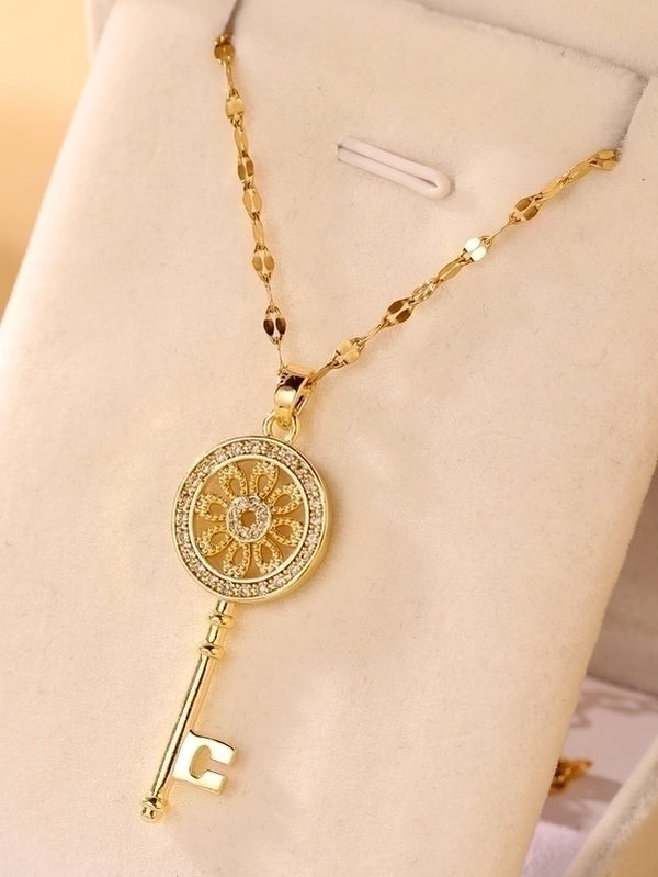 Minimalist Key Stainless Steel Zircon Plating Hollow Out Inlay Pendant Necklace