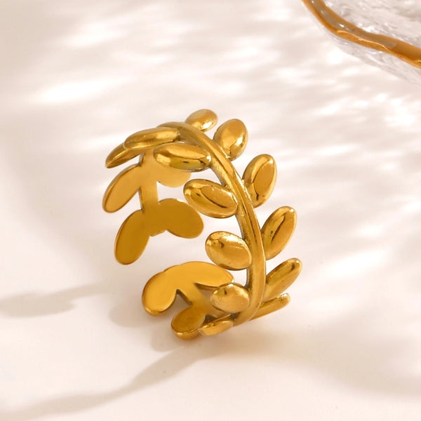 Minimalist Leaves 304 Stainless Steel 18K Gold Plated Open Rings