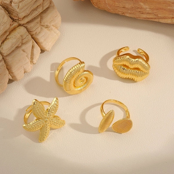 Minimalist Lips Starfish Conch Copper 18K Gold Plated Plating Adjustable Ring