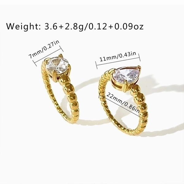 Minimalist Round Water Droplets Stainless Steel Zircon 18K Gold Plated Plating Inlay Rings