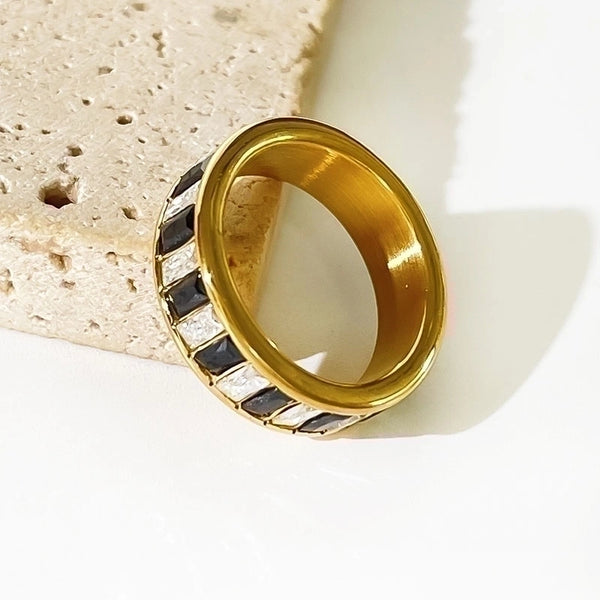 Minimalist Shiny Rectangle Stainless Steel Rhinestones 18K Gold Plated Plating Inlay Rings