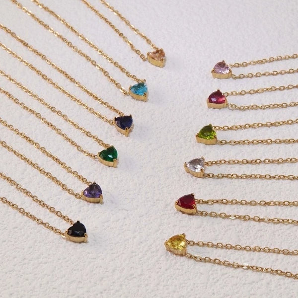 Sweet Minimalist Commute Heart Shape 304 Stainless Steel Rhinestones Birthstone 18K Gold Plated Inlay Necklace