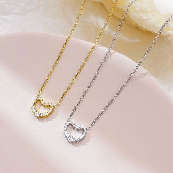 Sweet Minimalist Heart Shape 304 Stainless Steel Zircon White Gold Plated Gold Plated Plating Hollow Out Inlay Pendant Necklace