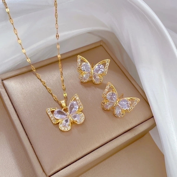 Lady Butterfly Titanium Steel Plating Inlay Zircon Earrings Necklace