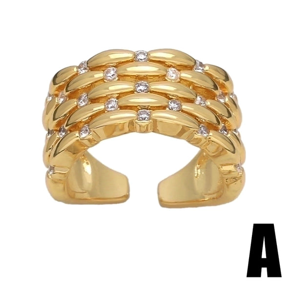 Retro Modern Style Roman Style Geometric Copper Plating Inlay 18K Gold Plated Zircon Rings