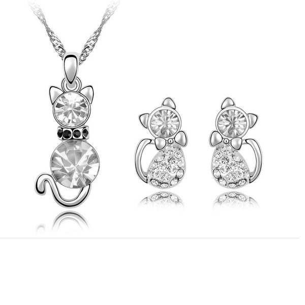 Simple Cat Alloy Crystal Ear Stud Necklace Set