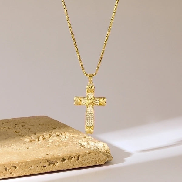 Minimalist Cross Stainless Steel Brass Plating Inlay 18K Gold Plated Zircon Pendant Necklace