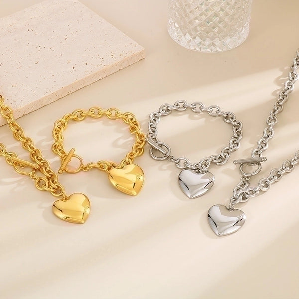 Wholesale Simple Style Heart Shape Stainless Steel Chain 18k Gold Plated Bracelets Necklace