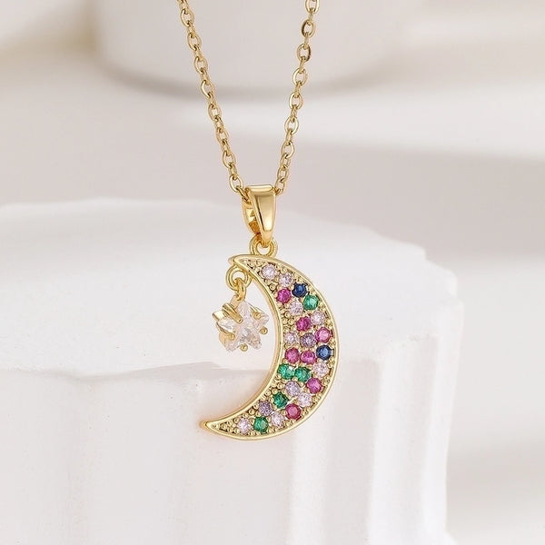 Wholesale Simple Style Moon Stainless Steel Plating Inlay 18k Gold Plated Zircon Pendant Necklace