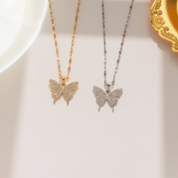 Wholesale Sweet Butterfly Titanium Steel Rhinestones Pendant Necklace