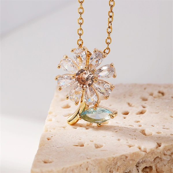 Vacation Sweet Shiny Sunflower Flower 304 Stainless Steel Copper Inlay K Gold Plated Zircon Pendant Necklace