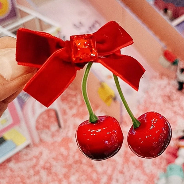 Winter Atmosphere Red Cherry Bow Velvet Hairpin Female Back Half Tie Hair Clip Headdress Hair Accessories