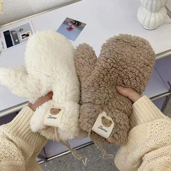 Winter Lambswool Bear Labeling Gloves Female Halter Cute Student Winter Riding Fleece-lined Thick Warm Cold-proof