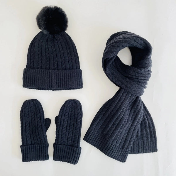 Winter Women's Knitted Hat Scarf Gloves Three-piece Set New Solid Color Plus Velvet Wool Hat Warm Suit