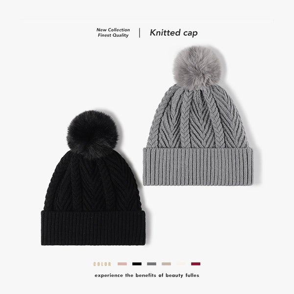 Women's Basic Minimalist Twist Pom Poms Eaveless Wool Cap