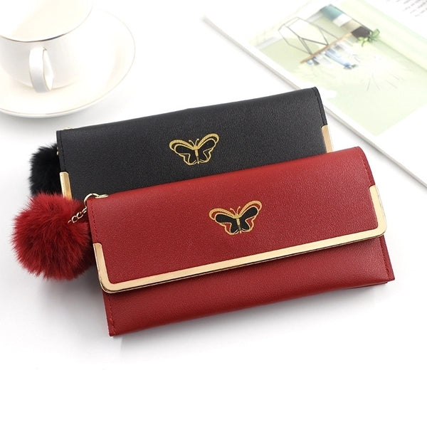 Women's Butterfly Pu Leather Fluff Ball Flip Cover Wallets