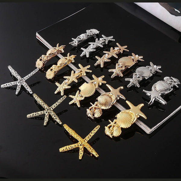 Women's Casual Marine Style Starfish Shell Alloy Inlay Rhinestones Pearl Hair Clip