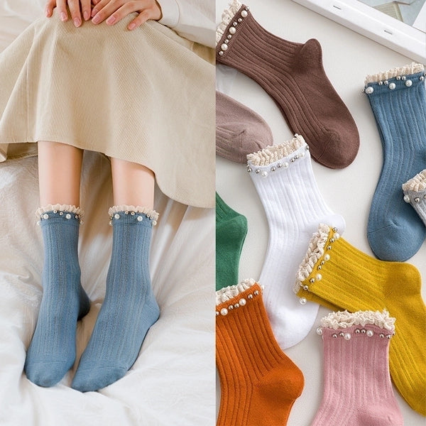 Women's Casual Solid Color Cotton Pearl Crew Socks A Pair