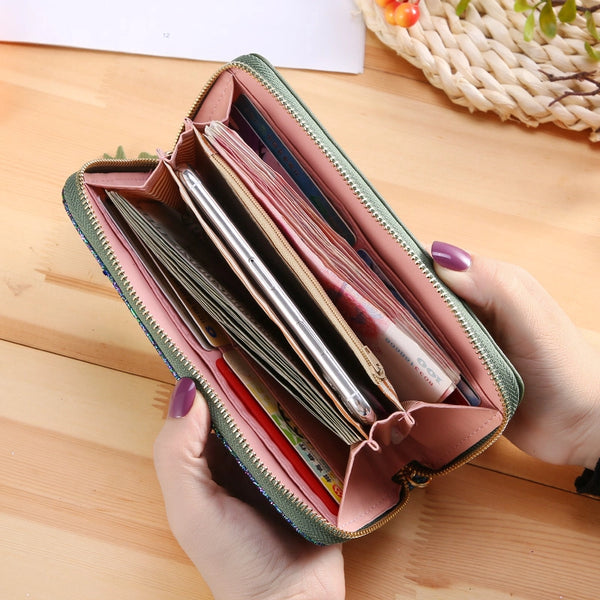 Women's Color Block Pu Leather Ornament Zipper Wallets