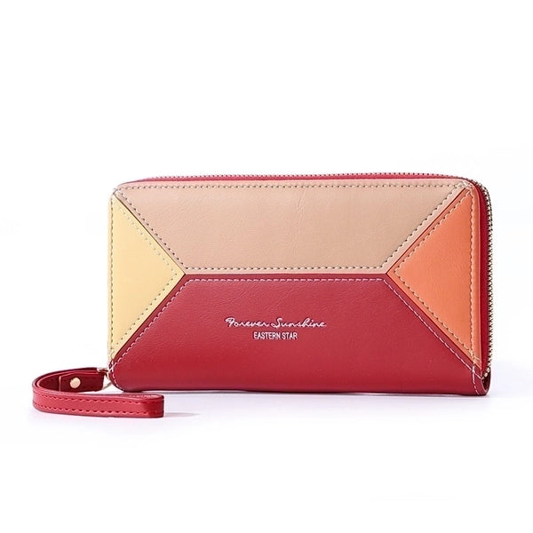 Women's Color Block Pu Leather Zipper Wallets