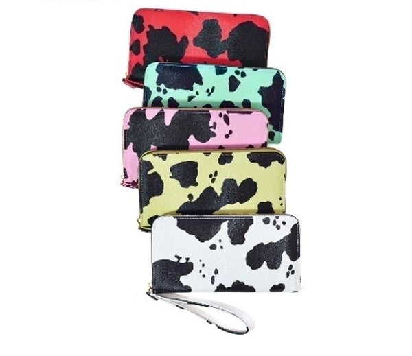 Women's Cow Pattern Pu Leather Zipper Coin Purses Long Wallet