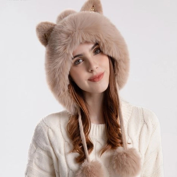 Women's Cute Minimalist Cat Pom Poms Ear Warap Wool Cap