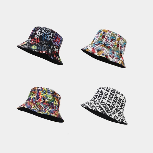 Women's Elegant Basic Graffiti Printing Flat Eaves Bucket Hat