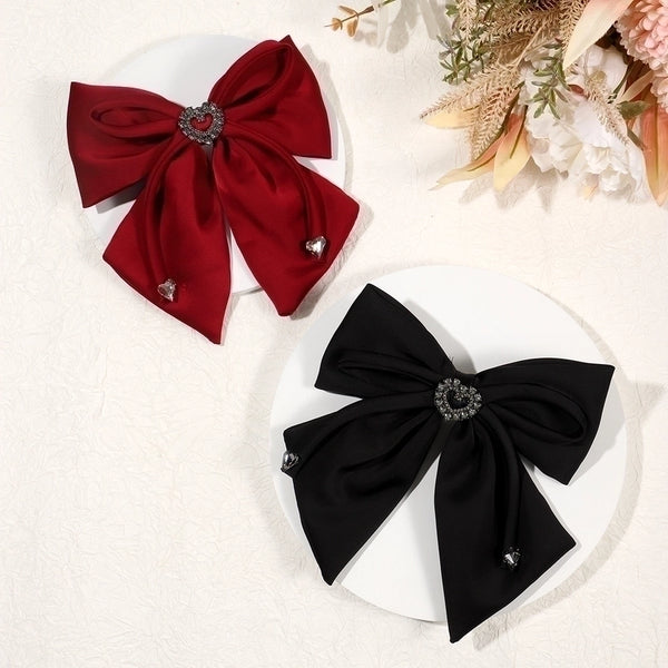 Women's Elegant Heart Shape Bow Knot Satin Inlay Artificial Diamond Hair Clip