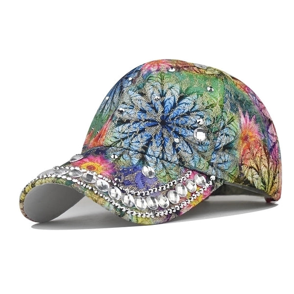 Women's Elegant Pastoral Flower Rhinestone Curved Eaves Baseball Cap