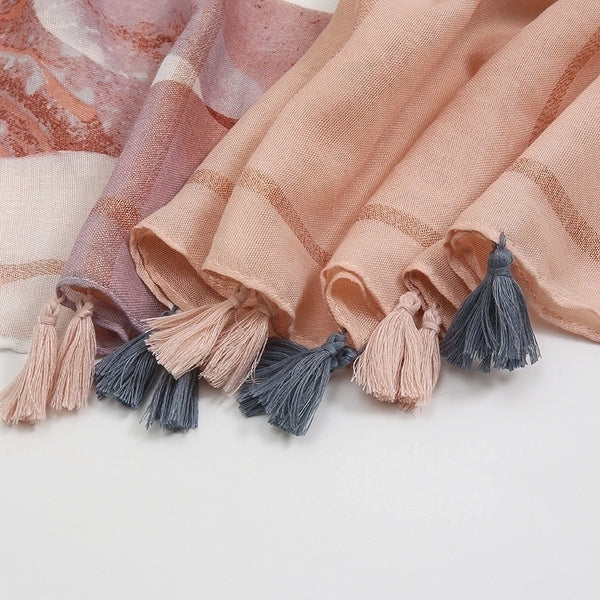 Women's Fashion Color Block Cotton Tassel Cotton Linen Scarves