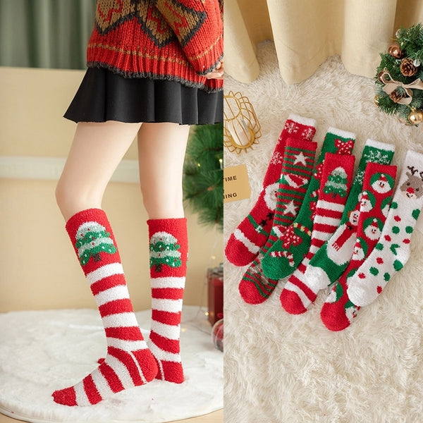 Women's Fashion Santa Claus Cotton Coral Fleece Jacquard Over The Knee Socks