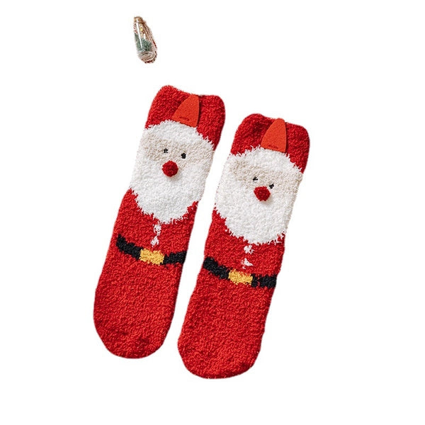 Women's Fashion Santa Claus Snowman Snowflake Coral Fleece Jacquard Crew Socks