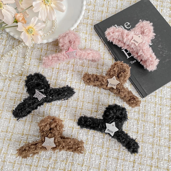 Women's IG Style Letter Star Solid Color Plush Inlay Rhinestones Hair Claws