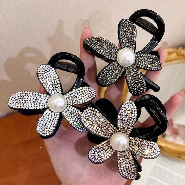 Women's Lady Flower Arylic Imitation Pearl Rhinestone Hair Claws