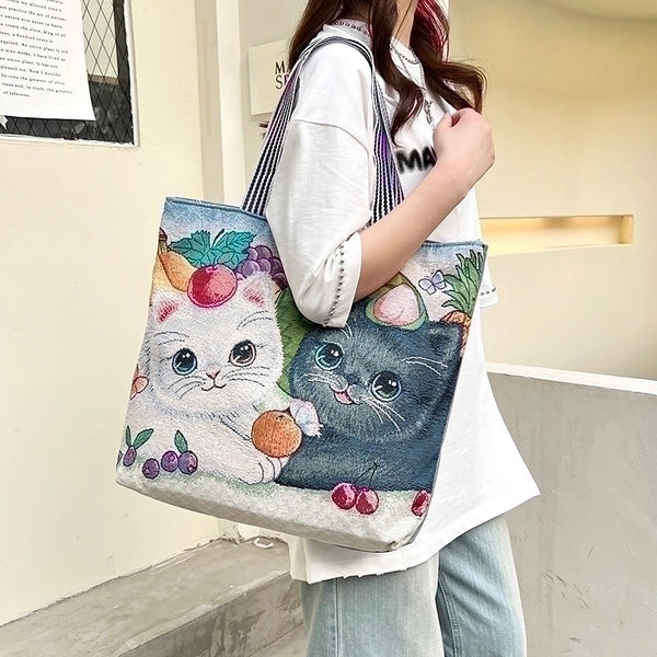 Women's Large Canvas Cat Streetwear Square Zipper Underarm Bag