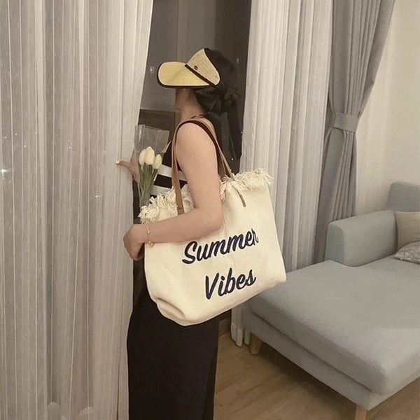 Women's Large Canvas Letter Solid Color Streetwear Square Magnetic Buckle Shoulder Bag Canvas Bag Tote Bag