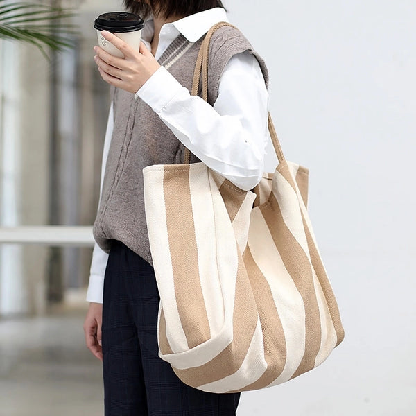 Women's Large Canvas Stripe Basic Classic Style Open Canvas Bag