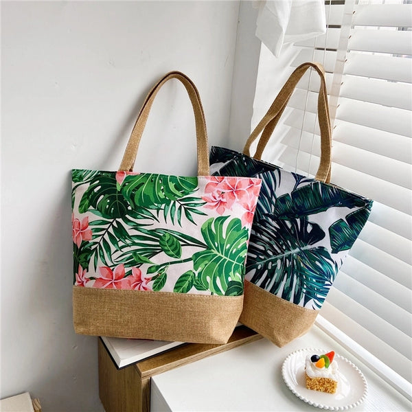 Women's Large Canvas Tropical Vacation Open Shoulder Bag