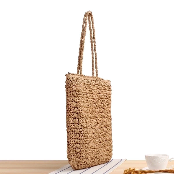 Women's Large Spring&summer Straw Solid Color Vacation Square Zipper Straw Bag