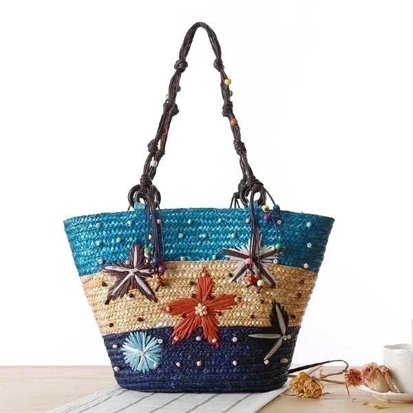 Women's Large Straw Color Block Vacation Embroidery Bucket Zipper Straw Bag