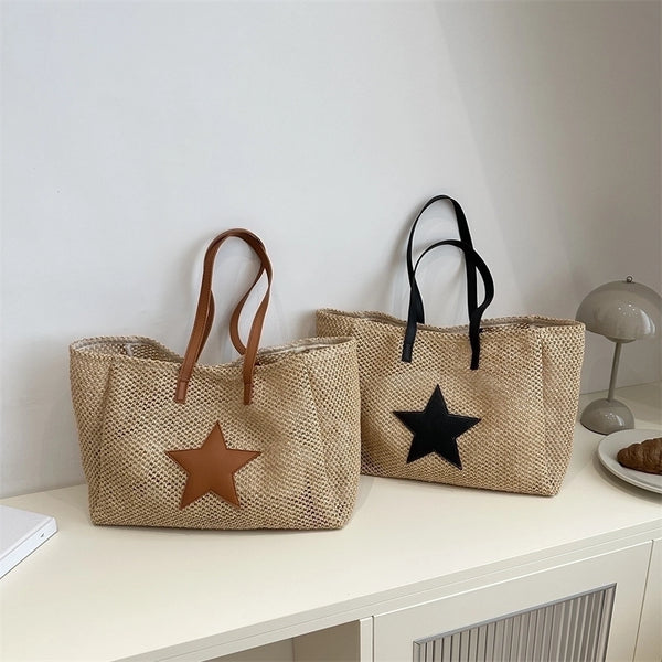 Women's Large Straw Star Elegant Square Magnetic Buckle Shoulder Bag