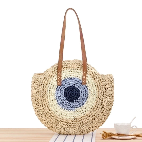 Women's Large Straw Stripe Vacation Round Zipper Straw Bag