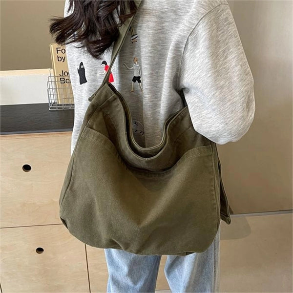 Women's Medium Canvas Solid Color Preppy Style Square Zipper Tote Bag