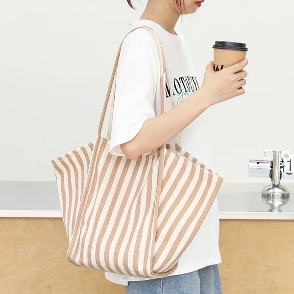 Women's Medium Canvas Stripe Streetwear Open Canvas Bag