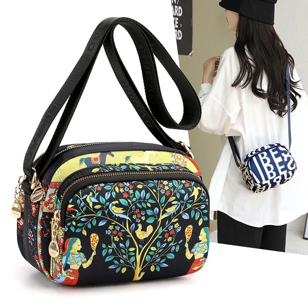 Women's Medium Nylon Elephant Letter Tree Streetwear Square Zipper Crossbody Bag