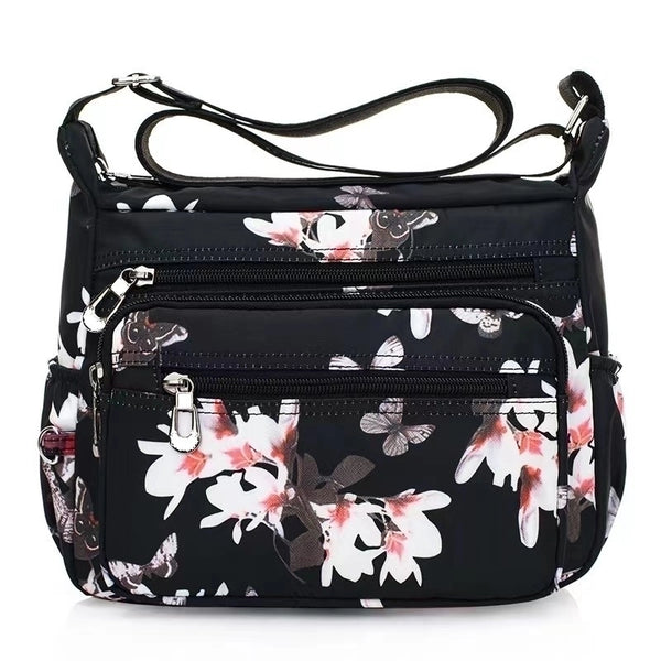 Women's Medium Nylon Flower Basic Zipper Shoulder Bag